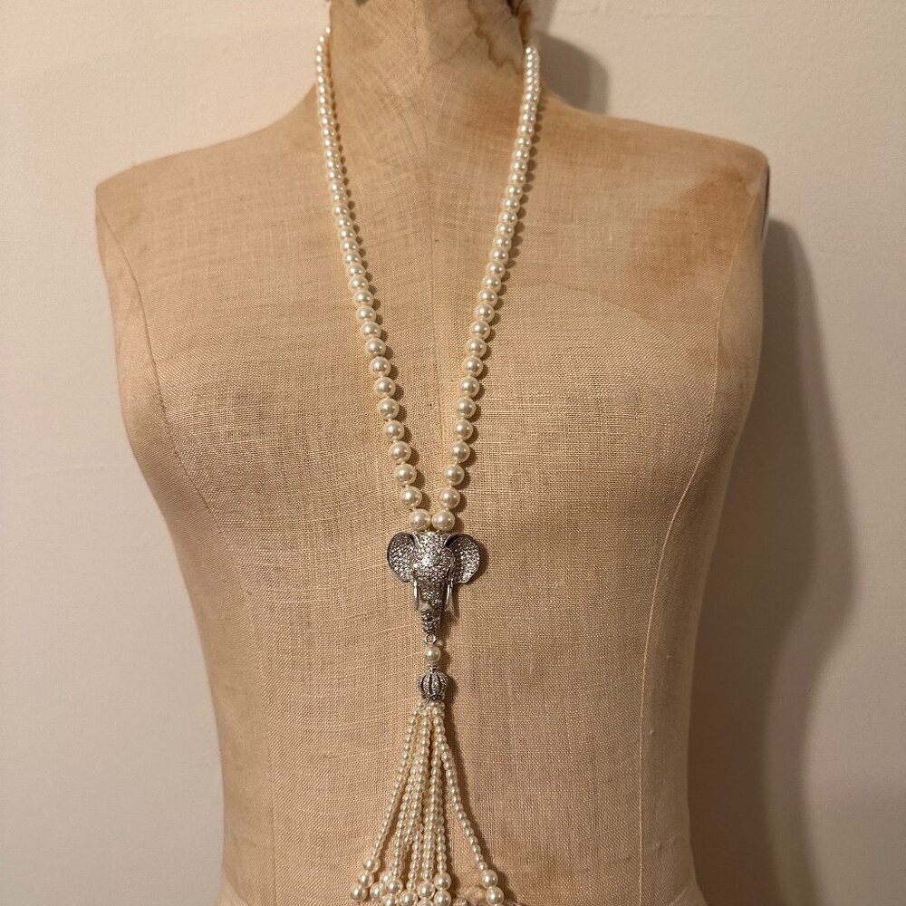 Faux Necklace with Elephant Micro Pave with Pearl Tassels New without Tags